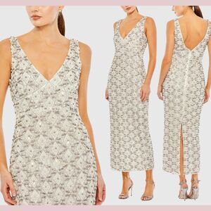 NWT $1,498‎ Mac Duggal [ 8 ] 93807 Pearl Beaded Sleeveless Column Dress Ivory